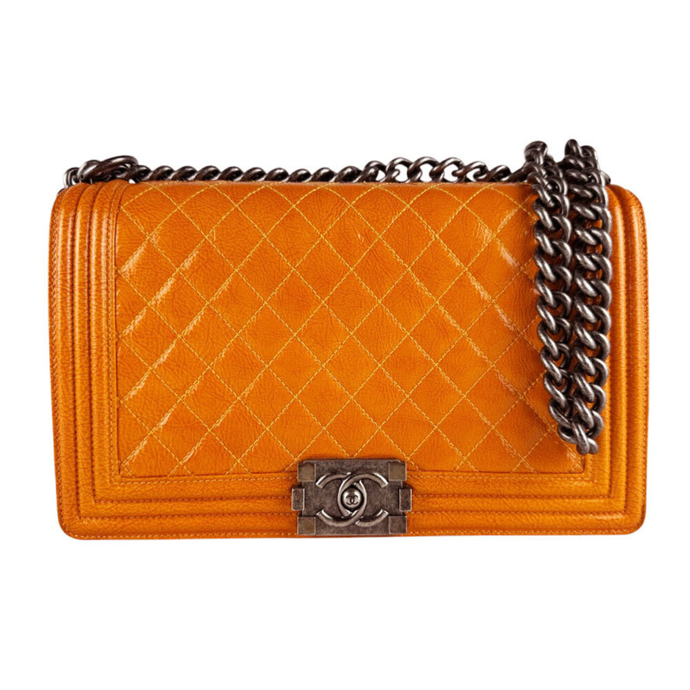 Chanel Boy Shoulder Bag, Coated Leather, Orange, Women's, z10340